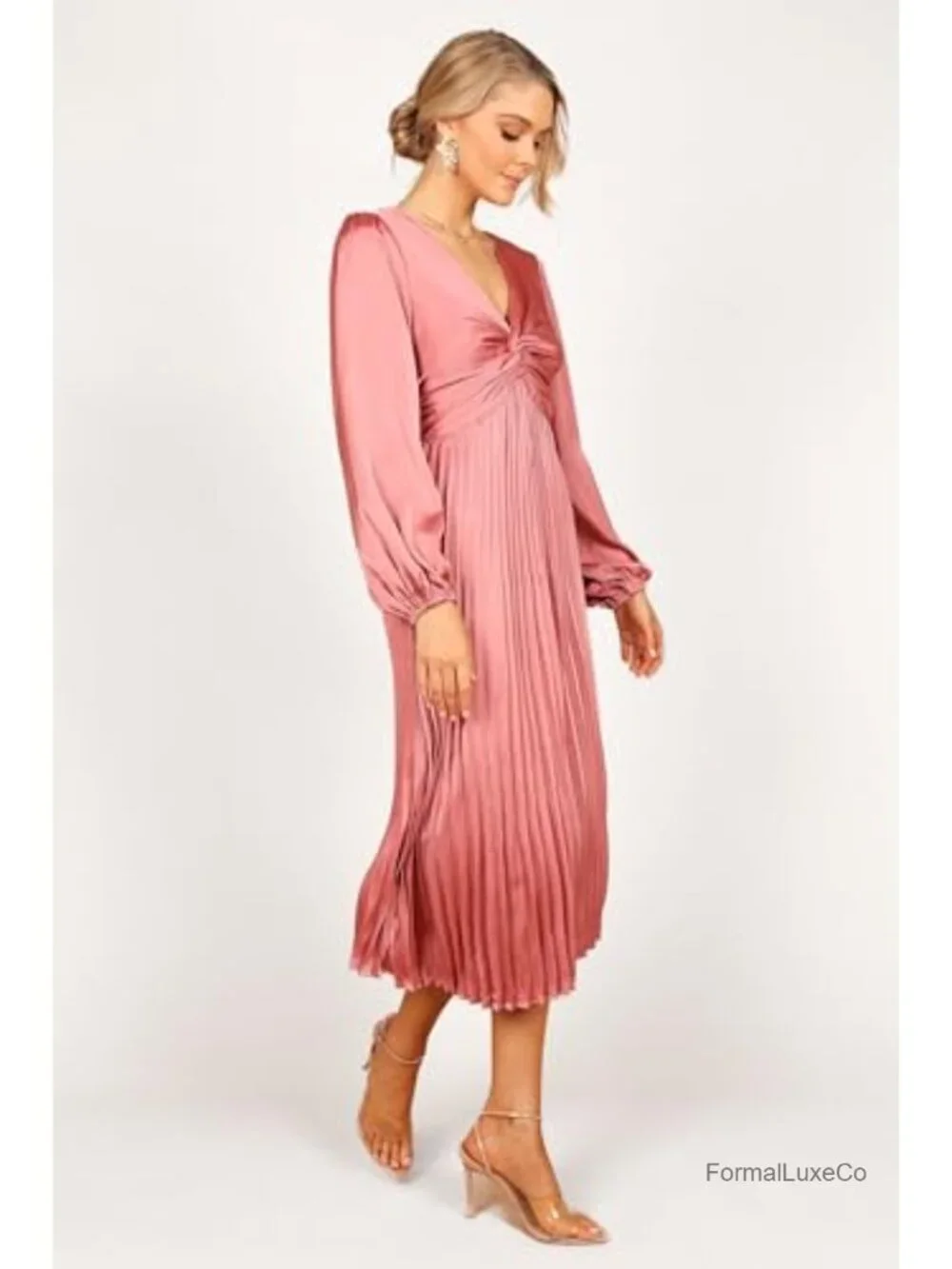 Petal & Pup Noelle Twist Front Pleated Midi Dress Long Sleeve V-Neck